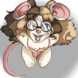 anthro areola bodily_fluids breasts cum cum_in_mouth cum_inside cum_on_face cum_on_glasses eyewear female genital_fluids glasses hair looking_at_viewer nipples nude solo wearing_glasses realsecondhydra faye_bernard mammal mouse murid murine rodent 1:1 hi_res