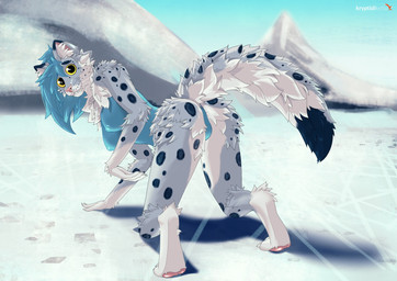 anthro black_body black_fur blue_hair clothed clothed_anthro clothing female form_fitting fur grey_body grey_fur hair looking_at_viewer markings painted_background raised_tail solo spots spotted_markings suggestive surprised tail white_body white_fur kryptidikettu fazer lumipantteri_(fazer) felid mammal pantherine snow_leopard digital_drawing_(artwork) digital_media_(artwork) hi_res signature