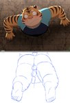 2022 anthro balls belly blush bodily_fluids butt clothing countershading duo felid genitals handjob hi_res kemono male mammal overweight overweight_male pantherine penile penis penta002 sex shirt solo_focus sweat through_wall tiger topwear