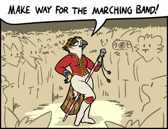 anthro baton bedroom_eyes bodily_fluids boots bottomless bottomless_anthro bottomless_female breasts clothed clothing crowd crowded detailed_background exhibitionism female footwear fur genital_fluids genitals group half-closed_eyes hand_on_hip looking_at_viewer marching_band marching_band_uniform medium_breasts narrowed_eyes non-mammal_breasts seductive shoes smile tail text topwear uniform vaginal vaginal_fluids vulva bizart background_character maddie_(fish_birb) accipitrid accipitriform avian bird buteo chickenhawk red-tailed_hawk 2025 aliasing digital_media_(artwork) english_text hi_res
