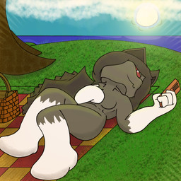 anthro beach bedding big_ears big_tail black_body black_fur blanket cellphone day electronics female fur grass grey_body grey_fur lake lying lying_on_ground on_back on_ground phone picnic plant red_eyes sea simple_background simple_coloring smartphone solo summer sun tail toony tree water white_body white_fur twotone nameless_(twotone) felid feline mammal 1:1 absurd_res digital_drawing_(artwork) digital_media_(artwork) digital_painting_(artwork) hi_res painting_(artwork) shaded simple_shading