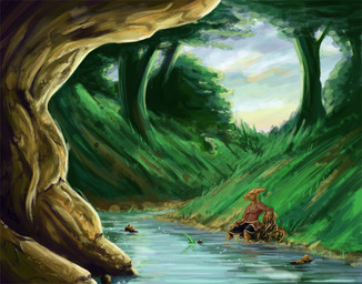 4_fingers anthro black_bottomwear black_clothing bottomwear brown_body brown_clothing brown_shirt brown_topwear clothed clothed_anthro clothed_male clothing eyes_closed fingers forest forest_background fully_clothed fully_clothed_anthro fully_clothed_male grass male mouth_closed nature nature_background partially_submerged plant river shirt sitting sky solo tail topwear tree deriaz alurian 2013 digital_drawing_(artwork) digital_media_(artwork)