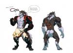 abs anthro armor athletic backsack balls biceps big_muscles clothing fur genitals male muscular muscular_anthro muscular_male nipples nude pecs scar solo text roaringmoon akieaglrs canid canine canis mammal wolf english_text