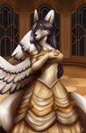 2020 ballroom black_hair blue_eyes canid canine clothing detailed_background digital_media_(artwork) dress eyebrows eyelashes feathered_wings feathers hair hi_res hybrid looking_at_viewer mammal solo vashaa wings