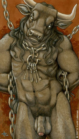 anthro balls bdsm chain flaccid foreskin genitals horn humanoid_genitalia humanoid_penis key looking_at_viewer male nude partially_retracted_foreskin penis slave solo kyoht_luterman european_mythology greek_mythology mythology bovid bovine mammal minotaur 2007