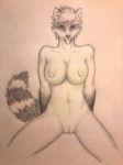 3:4 anthro biped breasts conditional_dnp cracky female genitals looking_at_viewer mammal monochrome nude procyonid pussy raccoon simple_background sitting solo tail