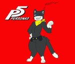 anthro belt belt_pouch black_body black_fur blue_eyes fur hand_on_hip kerchief logo looking_at_viewer male markings mask meow one_eye_closed paws pose smile solo tail tail_markings teeth video_game_logo white_body white_fur wide_hips wink winking_at_viewer mandro22 atlus megami_tensei persona_(series) persona_5 sega morgana_(persona) domestic_cat felid feline felis mammal tuxedo_cat