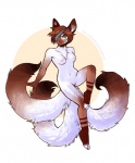 abstract_background anthro breasts brown_hair canid canine catsune chest_tuft domestic_cat felid feline felis female fox fur genitals green_eyes hair hybrid kitsucat mammal multi_tail navel nekophoenix nipples nude pinup pose pussy shizuka simple_background solo stripes tail tuft