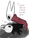 arthropod black_body cape cloak clothing dialogue dominant dominant_female duo english_text featureless_(disambiguation) female female_on_top frown hand_on_face hi_res hollow_knight honeyu hood hornet_(hollow_knight) incest_(lore) insect looking_at_another male male/female on_top profanity simple_background size_difference team_cherry text the_knight_(hollow_knight) vessel_(species) white_background