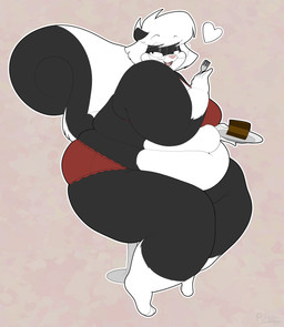 anthro bedroom_eyes belly_rolls cake clothing cutlery dessert eyewear female food fork glasses kitchen_utensils lingerie narrowed_eyes obese obese_female overweight overweight_female seductive solo tools wearing_glasses puhba sabrina_online sabrina_(sabrina_online) mammal mephitid skunk 2025 absurd_res hi_res