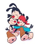 anthro clothing cuddling eyes_closed female group group_hug hat headgear headwear hug hugging_another male mmf simple_background trio white_background minorcoded politepuppet animaniacs animaniacs_(2020) hulu warner_brothers dot_warner wakko_warner yakko_warner inkblot mammal hi_res unavailable_at_source