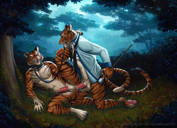 anal anal_penetration animal_genitalia anthro anthro_on_anthro anthro_penetrated anthro_penetrating anthro_penetrating_anthro anus athletic athletic_anthro athletic_male balls bodily_fluids bottomless cane clothed clothing collar cum cum_in_ass cum_inside cum_on_leg cum_on_self cum_while_penetrated duo ejaculation erection fur genital_fluids genitals grass humanoid_genitalia humanoid_penis hybrid_genitalia hybrid_penis kneeling leash leash_in_mouth leashed_collar lying male male/male male_anthro male_penetrated male_penetrating male_penetrating_male night nipples nude nude_anthro nude_male object_in_mouth on_ground on_side open_clothing open_mouth open_shirt open_topwear outside partially_clothed partially_clothed_anthro partially_clothed_male pawpads penetration penile penile_penetration penis penis_in_ass plant pubes sex sheath sheathed_humanoid_penis shirt shirt_only smile striped_body striped_fur stripes teeth tongue topwear topwear_only tree guerillasquirrel felid mammal pantherine tiger 2015