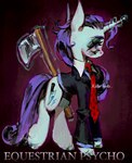 1_horn axe blue_eyes bottomless bottomless_female clothed clothing cosplay crossover_cosplay cutie_mark female feral fur hair hooves horn long_hair long_sleeves magic necktie purple_hair purple_tail red_necktie solo tail telekinesis text white_body white_fur p0nyplanet american_psycho friendship_is_magic hasbro my_little_pony mythology patrick_bateman rarity_(mlp) equid equine mammal mythological_creature mythological_equine unicorn crossover digital_media_(artwork) digital_painting_(artwork) english_text hi_res painting_(artwork) watermark