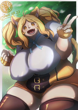 absolute_territory big_breasts blonde_hair breasts clothing eyebrow_through_hair eyebrows eyelashes fangs female fingerless_gloves freckled_face freckles gesture gloves hair hand_gesture handwear huge_breasts logo nipple_outline open_mouth overweight raised_tail solo tail teeth thick_thighs translucent translucent_hair twintails_(hairstyle) v_sign yellow_clothing yellow_eyes yellow_gloves yellow_handwear yellow_tail sasanoha6011 shirley_(sasanoha6011) animal_humanoid cat_humanoid felid felid_humanoid feline feline_humanoid humanoid mammal mammal_humanoid 2021 artist_logo hi_res