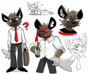 5_fingers anthro biped black_nose bottle brown_body brown_fur cheek_tuft clothed clothing container drunk facial_tuft fingers fur green_eyes holding_bottle holding_container holding_object looking_at_viewer male necktie necktie_headband question_mark simple_background solo standing substance_intoxication tuft white_background j4mble5 aggretsuko sanrio haida_(aggretsuko) hyena mammal spotted_hyena 2023 multiple_images sketch