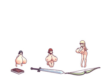 after_transformation big_breasts black_hair blonde_hair book bow_(weapon) breast_expansion breasts expansion featureless_crotch female group hair hand_on_breast huge_breasts hyper hyper_breasts kneeling melee_weapon micro nipples not_furry nude ranged_weapon shrinking size_transformation standing sword transformation weapon inksgirls elf human humanoid mammal 2018 4:3