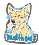 anthro big_ears blue_eyes blue_text countershading female fur no_shirt one_eye_closed smile solo tan_body tan_fur text tooiedraws whiskers wink matthews(razumi) name canid canine fennec_fox fox mammal true_fox absurd_res character_badge_(artwork) character_name hi_res marker_(artwork) mixed_media pen_(artwork) traditional_media_(artwork)