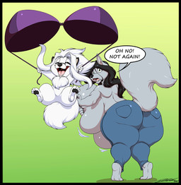 anthro big_breasts black_border black_hair border bottomwear bra breasts clothed clothing denim denim_bottomwear denim_clothing duo eyes_closed fangs featureless_crotch female fur green_eyes grey_body grey_fur hair huge_breasts hyper hyper_breasts jeans larger_female male open_mouth pants size_difference smaller_male speech_bubble teeth text thick_thighs topless topless_female underwear white_body white_fur deonwolf deon_(deonwolf) mazed canid canine canis fox mammal wolf 2021 digital_media_(artwork) english_text hi_res