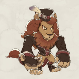 anthro biped brown_eyes brown_pawpads chest_tuft claws clothed clothed_anthro clothed_male clothing digitigrade dipstick_tail fur furgonomics hat_feather headgear headwear looking_at_viewer loose_feather male mane markings orange_body orange_fur pawpads simple_background solo tail tail_markings tan_body tan_fur three-quarter_view tuft wearing_hat white_background white_claws kamabokobun kirby's_dreamy_gear kirby_(series) nintendo leongar felid lion mammal pantherine 2022 digital_drawing_(artwork) digital_media_(artwork) english_description full-length_portrait hi_res portrait signature