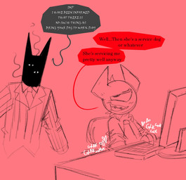 1_eye anthro blush clothed clothing dialogue duo exhibitionism fur heart_symbol horn looking_pleasured male offscreen_character offscreen_sex open_mouth public simple_background smile speech_bubble suit suit_jacket text tongue under_table under_table_oral nylonhellhole mythology envy_(ic0nmon) krylon_(nylonhellhole) ronn_(nylonhellhole) canid canid_demon canine demon hellhound imp mammal mythological_canine mythological_creature shadow_creature english_text hi_res
