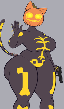 anthro bad_trigger_discipline big_breasts bodysuit breasts clothed clothed_anthro clothed_female clothing curvy_figure female food for_a_head fruit gesture gun handgun holding_gun holding_handgun holding_object holding_pistol holding_ranged_weapon holding_weapon hourglass_figure huge_breasts pistol plant pumpkin pumpkin_head ranged_weapon skinsuit solo tail thick_thighs tight_clothing waving waving_at_viewer weapon wide_hips dewwydarts epic_games fortnite spice_(fortnite) domestic_cat felid feline felis mammal object_head 2025 hi_res