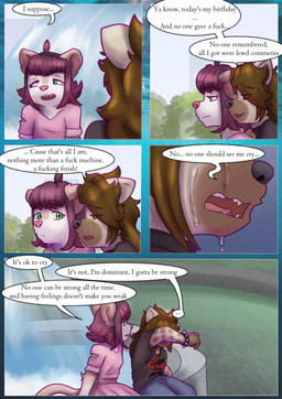 anthro bodily_fluids clothed clothing collar crying dialogue duo female fountain outside park profanity tears text torn_clothing young young_anthro young_female liryal ruaha_(lyrial) theoni_(hollyannhoythund) canid canine canis cougar felid feline hybrid hyena mammal wolf absurd_res comic english_text hi_res intersex_(lore)