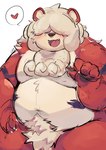 anthro anthrofied belly blush chest_tuft crotch_tuft fur hair hair_over_eyes heart_symbol kemono male open_mouth overweight overweight_male paws pokemorph red_body red_fur simple_background solo tuft white_background white_body white_fur white_hair l4zily nintendo pokemon pokemon_legends_arceus canid canine generation_8_pokemon hisuian_form hisuian_growlithe mammal pokemon_(species) regional_form_(pokemon) 2021 absurd_res hi_res