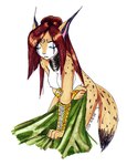 2004 anthro breasts caracal caracal_(genus) clothed clothing covering covering_self deadrabbit eyes_closed felid feline female hair humanoid_pointy_ears long_hair mammal marker_(artwork) nipples partially_clothed red_hair solo tail traditional_media_(artwork)