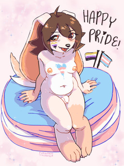 ahoge anthro balls bangs big_ears bob_cut bodypaint breasts brown_hair cushion flag foreskin genitals gynomorph hair high-angle_view intersex lgbt_pride looking_at_viewer nipples nonbinary_pride_colors nude penis pose pride pride_colors puffy_nipples short_hair simple_background sitting small_breasts smile tail text three-quarter_view tongue tongue_out transgender_pride_colors conditional_dnp furward_thinker canid canine canis domestic_dog lagomorph leporid mammal rabbit 2026 absurd_res artist_name colored digital_media_(artwork) digital_painting_(artwork) english_text hi_res painting_(artwork) pinup shaded nonbinary_(lore) trans_(lore)