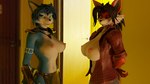 16:9 2021 3d_(artwork) accessory anthro armor bedroom_eyes big_breasts black_hair blue_body blue_ears blue_fur blue_hair blue_tail bottomwear bracelet breasts canid canine choker clothed clothing collar digital_media_(artwork) door duo female female_anthro fox fur furniture gauntlets gloves gold_(metal) gold_jewelry green_eyes hair hand_behind_back handwear hi_res inside jewelry krystal_(star_fox) loincloth looking_at_viewer mammal markings mostly_clothed mostly_nude multicolored_body multicolored_ears multicolored_fur narrowed_eyes necklace nintendo nipples no_bra nude open_clothing open_shirt open_topwear orange_body orange_ears orange_fur panties red_eyes seductive shirt smallking smile smiling_at_viewer star_fox tail tattoo topless topwear tribal tribal_armor tribal_clothing tribal_jewelry tribal_markings tribal_necklace tribal_outfit tribal_tattoo underwear warfare_krystal warfare_machine warfare_yennsee white_body white_fur white_inner_ear white_markings white_tail white_tattoo widescreen yennsee_miller