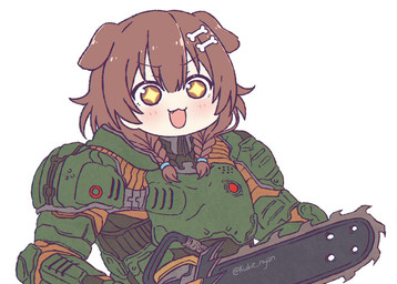 accessory chainsaw clothing female green_clothing hair hair_accessory multicolored_clothing open_mouth power_tool simple_background solo text tools white_background kukie_nyan doom_(series) hololive id_software microsoft vtuber inugami_korone animal_humanoid canid canid_humanoid canine canine_humanoid dog_humanoid humanoid mammal mammal_humanoid 2020