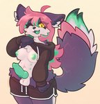 animal_genitalia animal_penis anthro areola balls big_tail bottomwear bottomwear_down breasts canine_genitalia canine_penis cheek_tuft chest_tuft clothed clothing clothing_lift erection facial_tuft genitals green_nipples green_penis gynomorph hair hoodie hoodie_lift inner_ear_fluff intersex leg_tuft long_hair looking_at_viewer multi_nipple nipples one_eye_closed partially_clothed penis presenting presenting_breasts presenting_penis sheath shorts shorts_down smile solo tail thigh_tuft topwear tuft yellow_eyes skellybeanz canid canine fox mammal 2025 hi_res