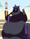 anthro athletic_wear belly big_belly bottomwear clothing colored_nails crop_top dessert falling_food fluffy fluffy_tail food food_on_clothing fur grey_body grey_fur grey_hair gym_bottomwear gym_shorts hair ice_cream looking_down machine male moobs nails neck_tuft obese overweight pink_nails purple_hair shirt short_hair shorts solo surprised_expression tail topwear tuft wide_hips valerayu protogen 2024 hi_res