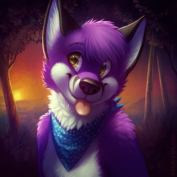 anthro arm_tuft backlighting blep blue_kerchief blue_neckerchief brown_eyes cheek_tuft detailed_background facial_tuft fur glistening glistening_eyes hair kerchief light looking_aside male neck_tuft neckerchief neckwear outside pink_tongue plant purple_body purple_fur purple_hair shoulder_tuft shrub sky solo sunset text tongue tongue_out tree tuft white_body white_fur mylafox canid canine fox mammal 1:1 bust_portrait detailed icon lighting portrait url