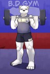 athletic_wear barbell bdgym bottomwear clothing curls exercise fur grey_eyes gym gym_bottomwear gym_shorts looking_at_viewer male muscular overweight shirt shorts solo tank_top toony topwear weightlifting weights white_body white_fur workout bear213 bear mammal polar_bear ursine 2024 digital_media_(artwork) hi_res