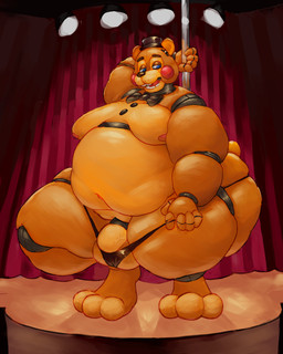 anthro balls belly big_balls big_belly big_penis blue_eyes bow_tie brown_body butt butt_squish cheek_spots clothed clothing cotton_tail crouching dancing feet flaccid genitals hat headgear headwear ineffective_clothing looking_aside machine male male_stripper moobs navel nipples obese obese_anthro obese_male open_mouth overweight overweight_anthro overweight_male penis penis_base pole pole_dancing solo squish stripper stripper_pole teeth thong thong_only three-quarter_view top_hat topless topless_male underwear underwear_only dorkass five_nights_at_freddy's five_nights_at_freddy's_2 scottgames toy_freddy_(fnaf) animatronic bear mammal robot 2023 absurd_res digital_drawing_(artwork) digital_media_(artwork) full-length_portrait hi_res portrait