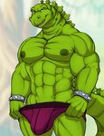 abs anthro biceps bracelet briefs bulge clothing clothing_pull deltoids green_body jewelry male muscular muscular_anthro muscular_male pecs solo spiked_bracelet spikes underwear underwear_pull dream_and_nightmare extreme_dinosaurs stegz dinosaur prehistoric_species reptile scalie hi_res