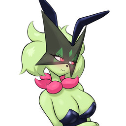 anthro anthrofied big_breasts biped blush breasts bunny_costume cleavage clothed clothed_anthro clothed_female clothing costume embarrassed eyebrows eyelashes fake_ears fake_rabbit_ears female female_anthro fur green_body green_fur green_hair green_mask hair looking_away mask mouth_closed pink_eyes pokemorph simple_background solo standing text white_background additionalespeon333 nintendo pokemon felid feline generation_9_pokemon mammal meowscarada pokemon_(species) 1:1 2026 absurd_res artist_name colored digital_drawing_(artwork) digital_media_(artwork) hi_res shaded