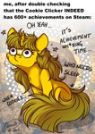 blonde_hair dialogue eye_bags female feral hair horn quadruped solo text yellow_body julunis14 cookie_clicker hasbro my_little_pony mythology fan_character equid equine mammal mythological_creature mythological_equine unicorn absurd_res english_text hi_res