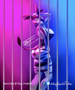 accessory anthro bars big_breasts breasts brown_body brown_fur butt cleavage clothed clothing female fishnet_clothing fishnet_legwear fur hand_behind_head hand_on_hip hand_on_own_hip headband legwear lingerie looking_at_viewer looking_back looking_back_at_viewer multicolored_body multicolored_fur pose rear_view smile solo standing striped_body striped_fur stripes tail tail_tuft tuft two_tone_body two_tone_fur white_body white_fur taka_studio beastars cosmo_(beastars) giraffid mammal okapi 2022 hi_res portrait signature three-quarter_portrait