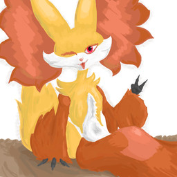anthro crossed_legs female gesture hand_gesture looking_at_viewer one_eye_closed sitting solo tongue tongue_out wink winking_at_viewer junaraar nintendo pokemon delphox generation_6_pokemon pokemon_(species) 1:1 hi_res