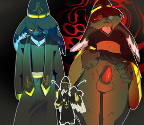 abstract_background anthro balls bangs black_clothing black_hat black_headwear black_nose black_robe brown_balls brown_body brown_clothing brown_eyes brown_fur brown_robe brown_wings clothed clothed_anthro clothed_male clothing collared_shirt directional_arrow eyewear fangs feathered_ears feathered_wings feathers fully_clothed fully_clothed_anthro fully_clothed_male fur fur_hair genitals glasses hair hair_over_eye hat headgear headwear hypnosis hypnotic_eyes leg_scar male mind_control open_mouth outline penis presenting presenting_balls presenting_penis priest red_eyes red_penis ringed_eyes robe robe_lift round_glasses scar shirt solo teeth topwear white_outline wings yellow_sclera boxwater lagomorph mammal 2026 color_contrast hi_res portrait shaded three-quarter_portrait