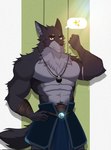 2024 abs anthro armband bent_arm biped black_body black_fur blue_bottomwear blue_clothing bottomwear canid canine canis chest_tuft claws clothed clothing ear_tuft eyebrows far_beyond_the_world_(series) fur grey_body grey_fur hi_res jewelry looking_at_viewer male mammal multicolored_body multicolored_fur muscular muscular_anthro muscular_male neck_tuft necklace neoju_da partially_clothed red_eyes scar smile solo sparkles speech_bubble teeth tuft two_tone_body two_tone_fur vulgor_(far_beyond_the_world) wolf