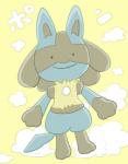 ambiguous_gender anthro black_body black_fur blue_body blue_fur cloud fur simple_background smile solo text yellow_background sikai nintendo pokemon canid canine ditto_(pokemon) generation_1_pokemon generation_4_pokemon lucario mammal pokemon_(species) japanese_text