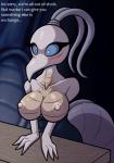 3_fingers anthro areola big_breasts blue_eyes blue_sclera blush breasts female fingers hair nipples non-mammal_breasts ponytail presenting presenting_breasts solo text white_areola white_nipples kurtassclear hollow_knight team_cherry iselda_(hollow_knight) arthropod insect featureless_(disambiguation) english_text