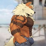 abs anthro biceps bodily_fluids bottomwear bulge butt clothing fangs looking_down male muscular muscular_anthro muscular_male neck_tuft pants pecs pubes pulling_up_pants side_view solo sweat sweatdrop teeth thong tuft underwear huskero nintendo pokemon tight_pants_(meme) arcanine canid canine generation_1_pokemon mammal pokemon_(species) 1:1 hi_res meme portrait three-quarter_portrait