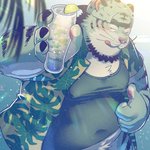 anthro belly clothed clothing hat headgear headwear humanoid_hands kemono male one_eye_closed open_clothing open_shirt open_topwear outside overweight overweight_anthro overweight_male shirt solo topwear wink un0sk felid mammal pantherine tiger 1:1 2021 hi_res