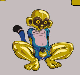 anthro chastity_cage chastity_device clothing crouching glistening glistening_clothing gloves glue hands_behind_back handwear latex latex_clothing latex_gloves latex_handwear latex_mask lock_symbol male mask navel nipples penetration solo tail urethral urethral_penetration owy bloons_tower_defense ninja_kiwi ooky_(character) haplorhine mammal monkey primate hi_res