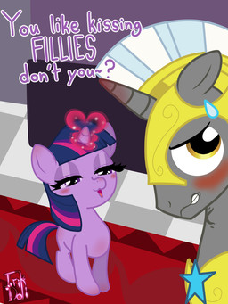 adam's_apple bedroom_eyes blush bodily_fluids dialogue duo enticing female flirting guard horn magic male narrowed_eyes on_model pattern_background seductive simple_background sweat young inkdoll boy_kisser_(meme) friendship_is_magic hasbro my_little_pony mythology royal_guard_(mlp) twilight_sparkle_(mlp) equid equine horse mammal mythological_creature mythological_equine unicorn meme unavailable_at_source