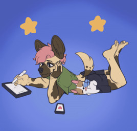 anthro drawing_tablet hair male pink_hair solo tablet_computer tail tail_motion tailwag mandofruit apple_inc. ipad african_wild_dog canid canine mammal 2d_animation animated hi_res